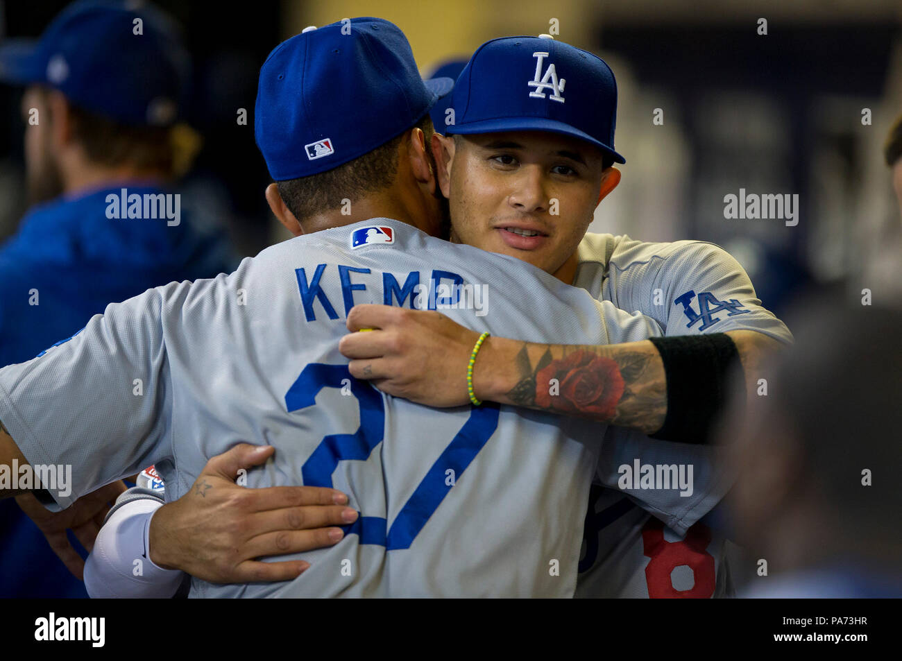 Milwaukee, WI, USA. 20th July, 2018. Los Angeles Dodgers shortstop Manny  Machado #8 and Los Angeles Dodgers left fielder Matt Kemp #27 before the  Major League Baseball game between the Milwaukee Brewers