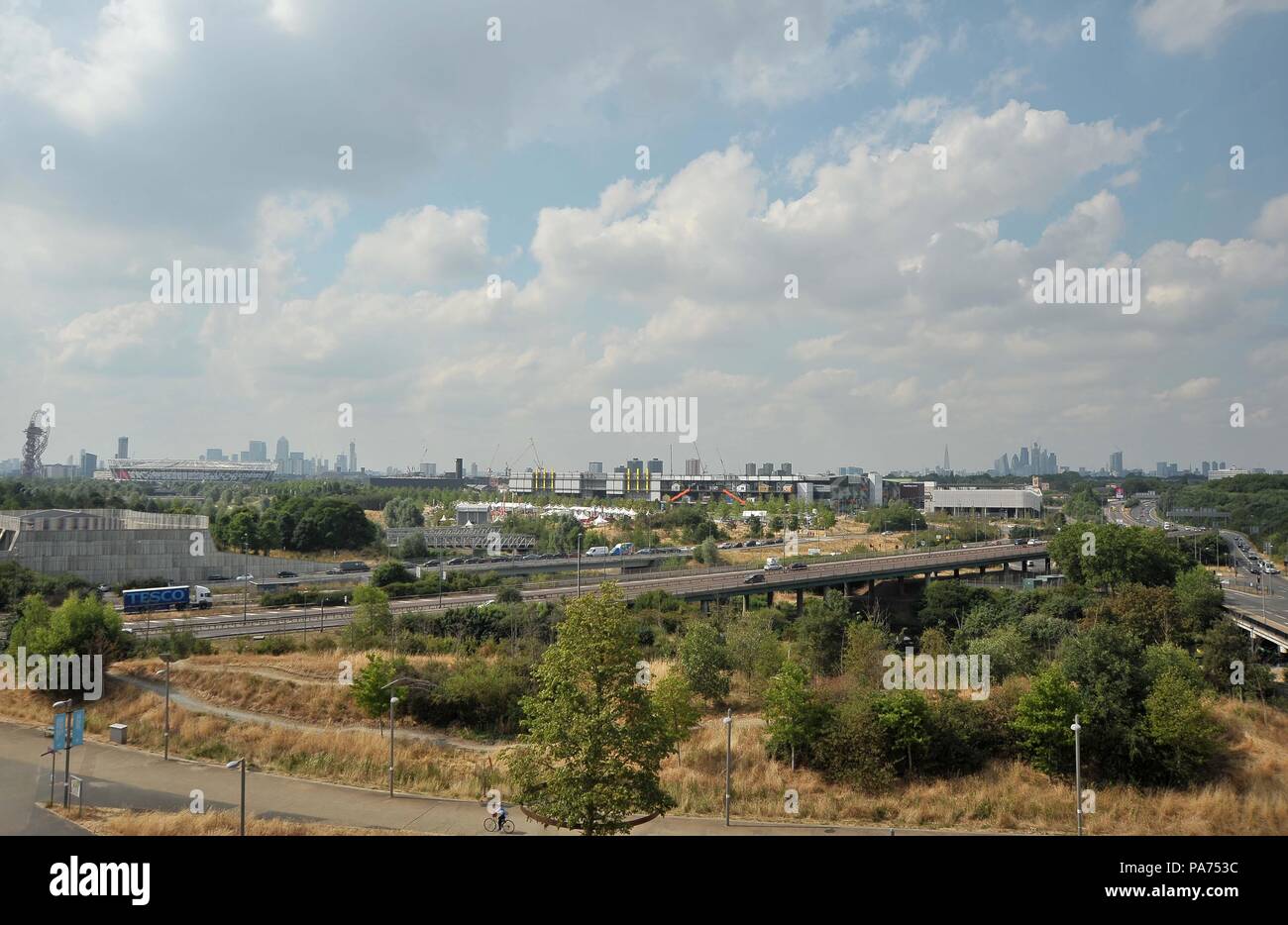 London, UK. 21st July 2018. View (GV) of the Queen Elizabeth Olympic park from top of the temporary west stand. Germany V South Africa. Match 1. Pool C. Womens Hockey World Cup 2018. Lee Valley hockey centre. Queen Elizabeth Olympiv Park. Stratford. London. UK. 21/07/2018. Credit: Sport In Pictures/Alamy Live News Stock Photo