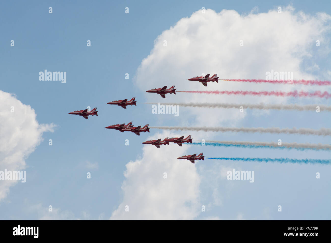 Farnborough International Airshow 2018. The Red Arrows flypast. Stock Photo