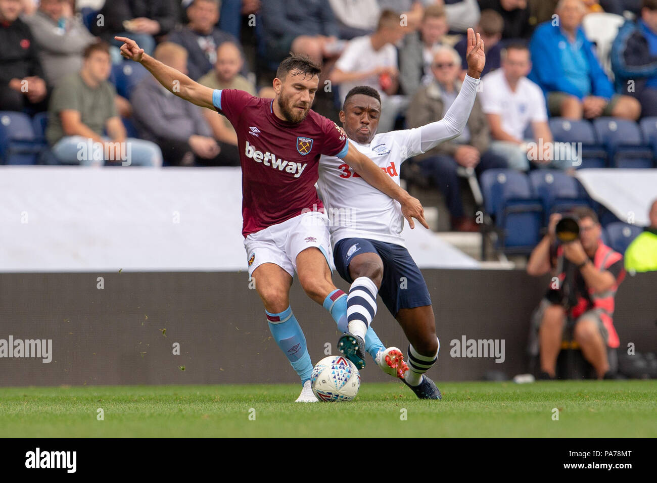 Deepdale, Preston, UK. 21st July, 2018. Pre season football friendly, Preston North End versus West Ham United; Robert Snodgrass of West Ham Utd is tackled as he tries to pass Credit: Action Plus Sports/Alamy Live News Stock Photo
