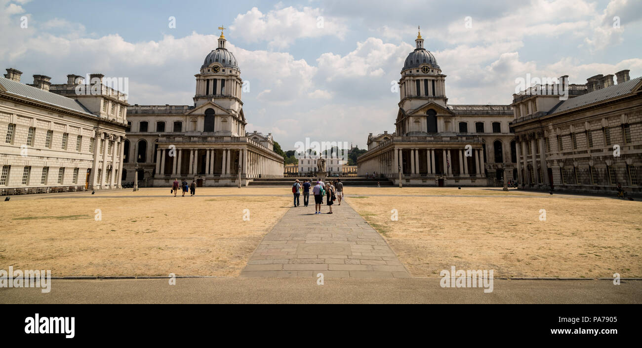 London, UK. 21st July, 2018. UK Weather: University of Greenwich with continuing dry grass drought during the summer heatwave with next week again expected to record highs of up to 30 degrees Celsius. UK.Credit: Guy Corbishley/Alamy Live News Stock Photo