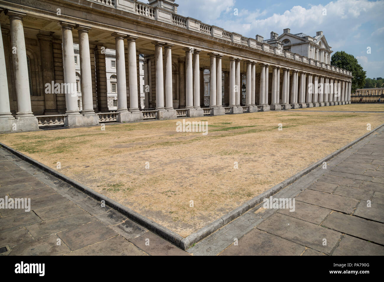 London, UK. 21st July, 2018. UK Weather: University of Greenwich with continuing dry grass drought during the summer heatwave with next week again expected to record highs of up to 30 degrees Celsius. UK.Credit: Guy Corbishley/Alamy Live News Stock Photo