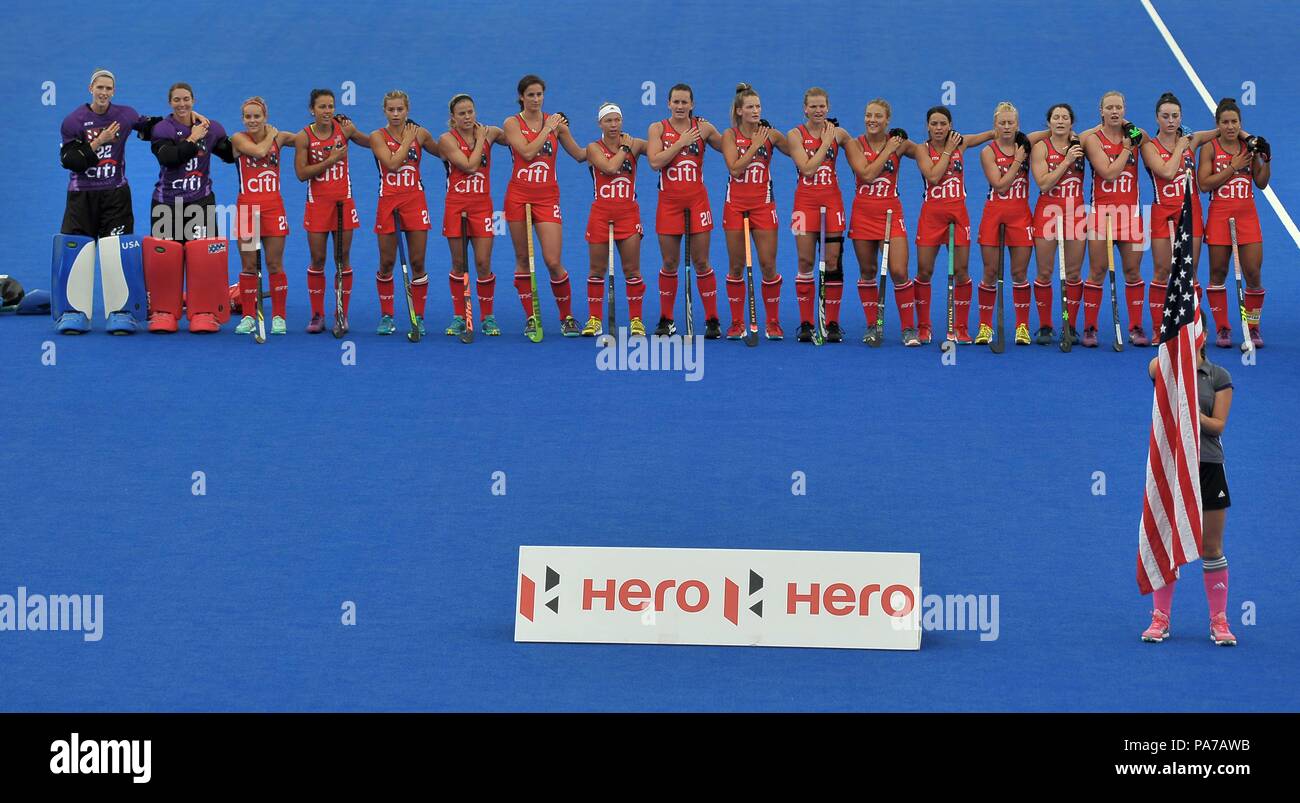 London, UK. 21st July 2018. The USA team during the national anthem. USA V Ireland. Match 3. Pool B. Womens Hockey World Cup 2018. Lee Valley hockey centre. Queen Elizabeth Olympiv Park. Stratford. London. UK. 21/07/2018. Credit: Sport In Pictures/Alamy Live News Stock Photo