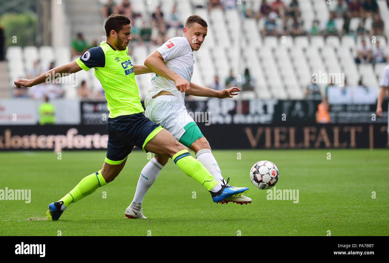 Essen, Germany. 21st July, 2018. Soccer: Test matches, International blitz tournament at Rot-Weiss Essen, 3rd place play-off, SV Werder Bremen vs Huddersfield Town: Bremen's Maximilian Eggenstein and Huddersfield's Ramadan Sobhi (L) vying for the ball. Credit: Ina Fassbender/dpa/Alamy Live News Stock Photo