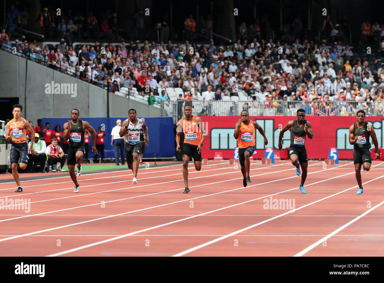 London, UK. 21st July 18. Isiah YOUNG (United States of America), Tyquendo TRACEY (Jamaica), Akani SIMBINE (South Africa), Zharnel HUGHES (Great Britain), Yohan BLAKE (Jamaica), Ronnie BAKER (United States of America), Zhenye XIE (China) competing in the Men's 100m Final at the 2018, IAAF Diamond League, Anniversary Games, Queen Elizabeth Olympic Park, Stratford, London, UK. Credit: Simon Balson/Alamy Live News Stock Photo