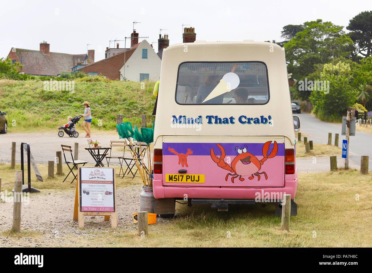 Ice cream van with Mind That Crab message on the back. Walberswick