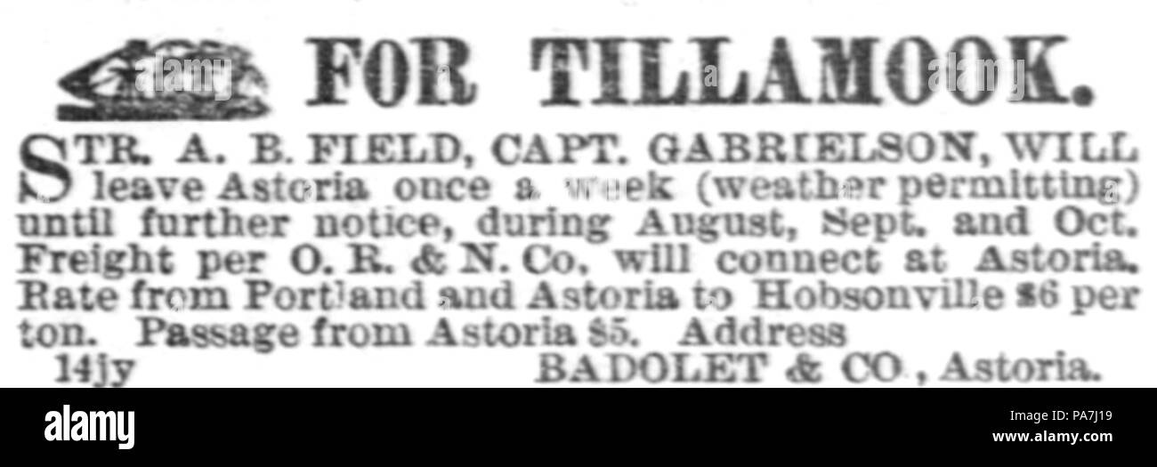 94 A.B. Field (steamboat) ad 10 Aug 1885 Stock Photo