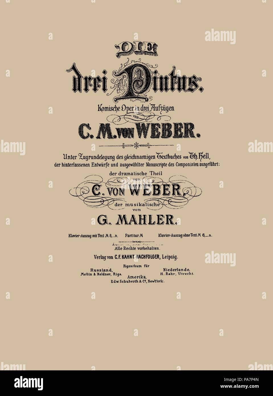 Cover of the vocal score of opera Die drei Pintos by Carl Maria von Weber. Museum: PRIVATE COLLECTION. Stock Photo