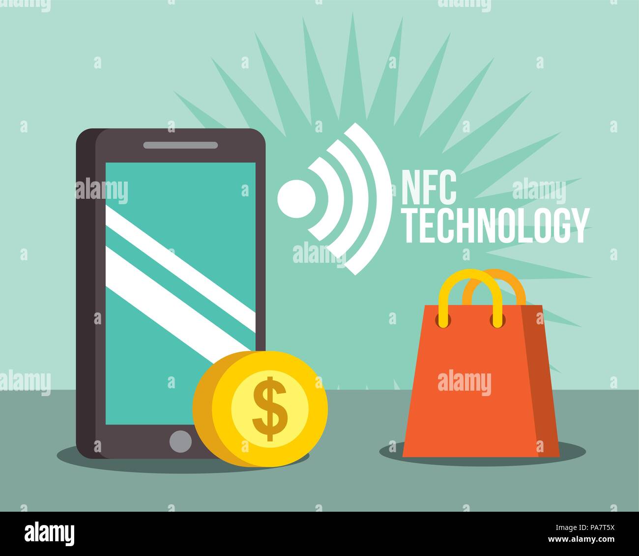 nfc payment technology smartphone coin handbag vector illutration Stock Vector
