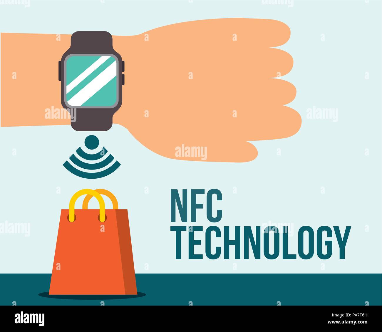 nfc payment technology hand using wristwatch handbag sign vector illustration Stock Vector
