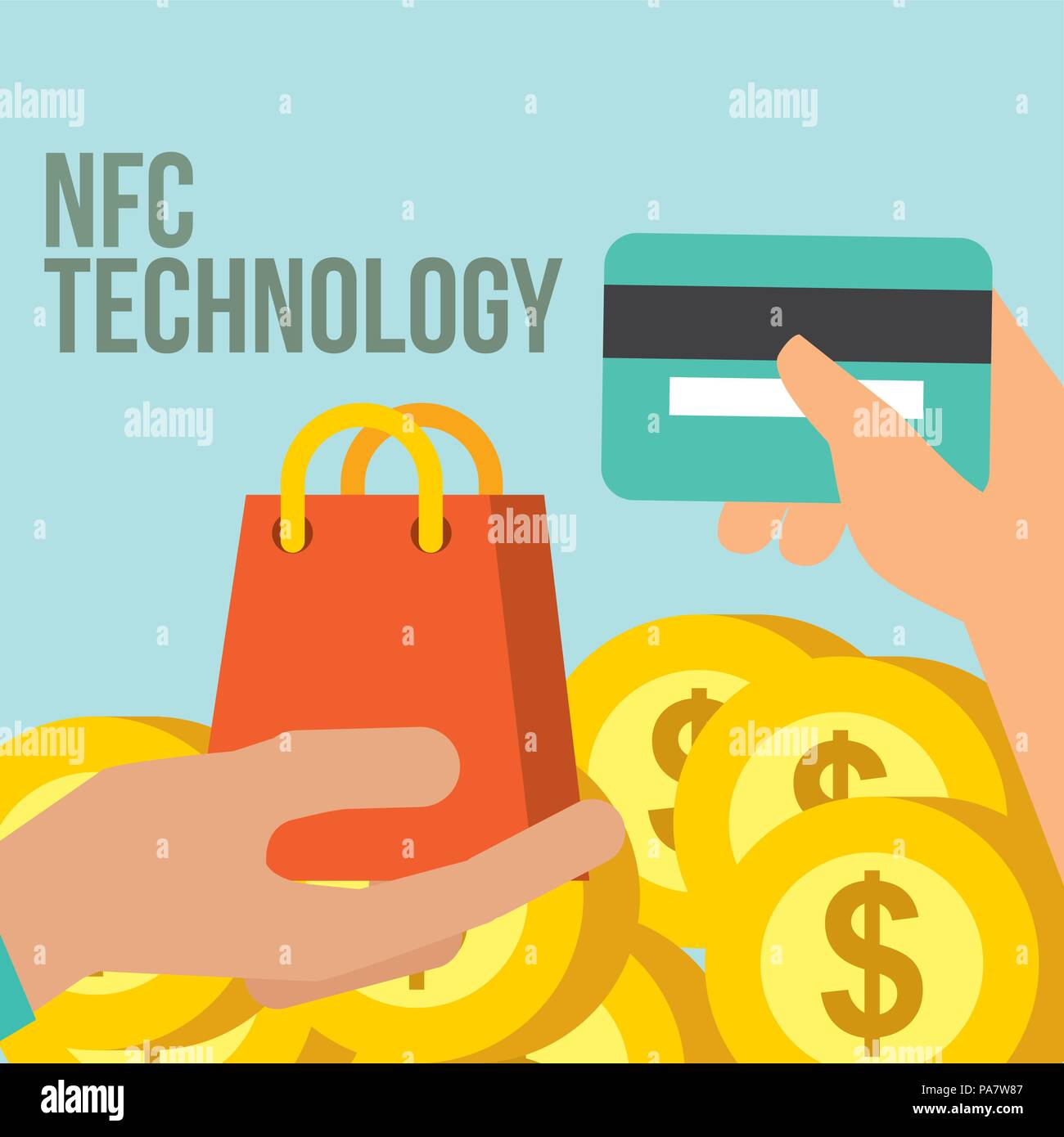 nfc payment technology hands holding credit card handbag coins background vector illustration Stock Vector