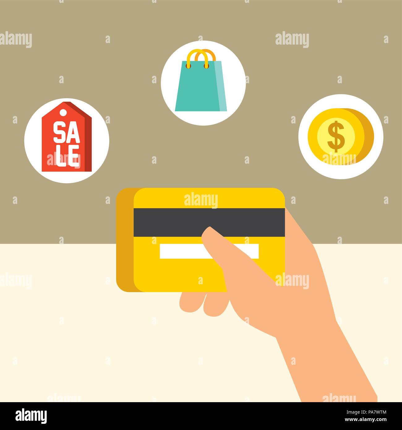 nfc payment technology hand holding credit card sale coin shopping handbag vector illustration Stock Vector