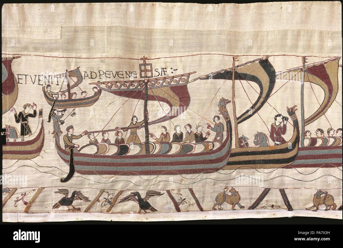 The Bayeux Tapestry. Scene 38: William and His Fleet Cross the Channel. Museum: Musée de la Tapisserie de Bayeux. Stock Photo