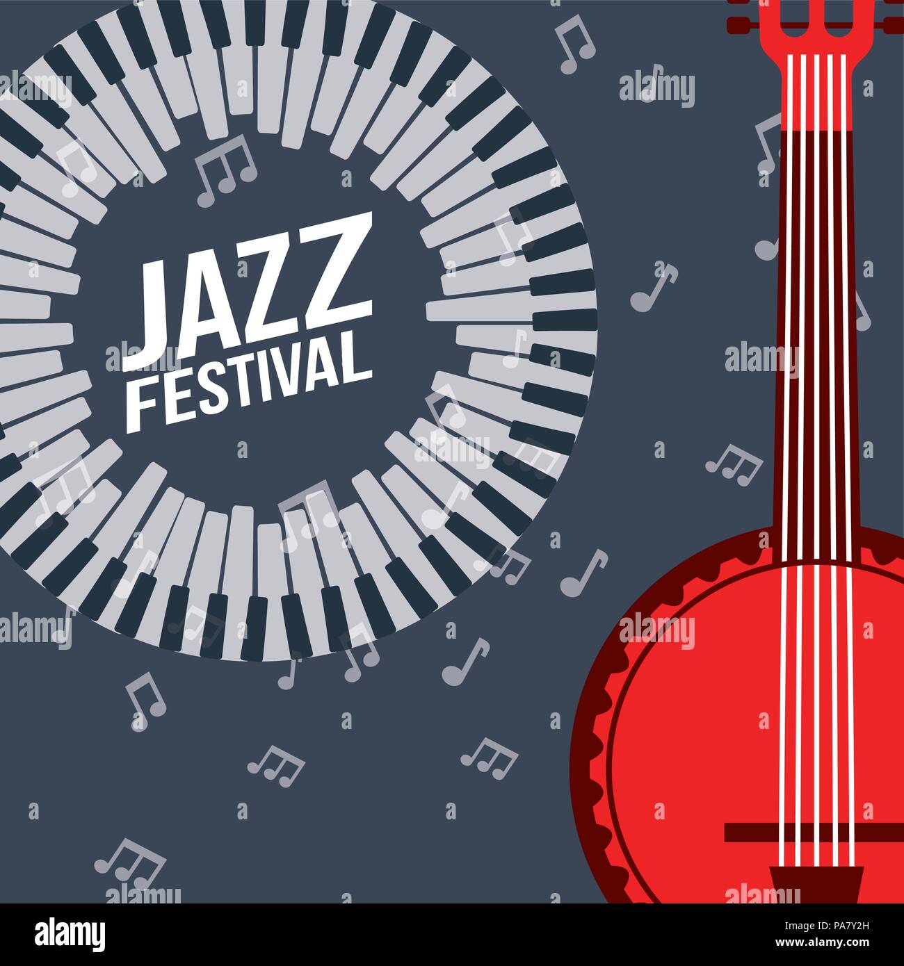 jazz festival instruments piano keys red banjo music notes vector