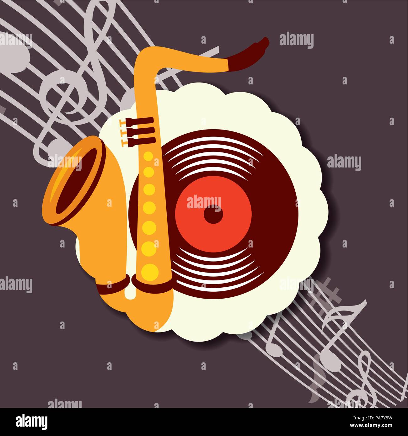 jazz festival instruments label with disk saxophone music notes vector ...