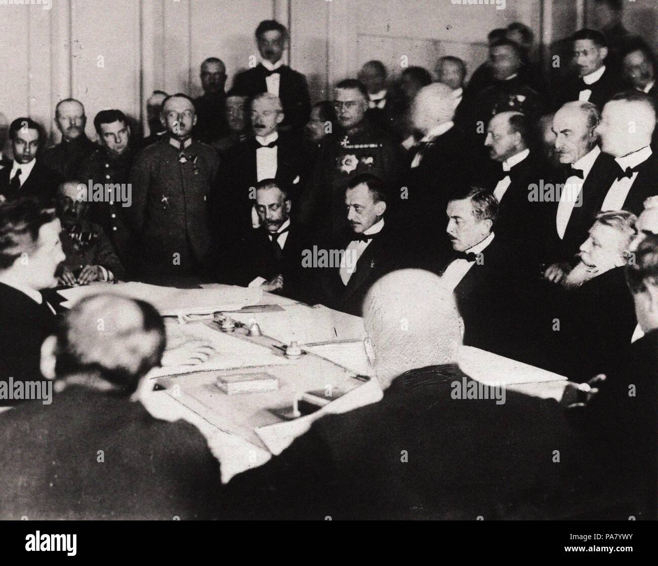 The signing of the Treaty of Brest-Litovsk in the fortress of Brest-Litovsk, March 3, 1918. Museum: Russian State Historical Library, Moscow. Stock Photo