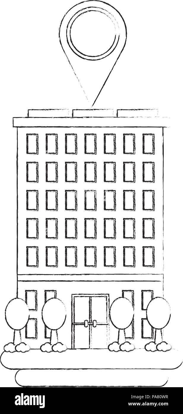 building structure with pin location and trees plants vector ...