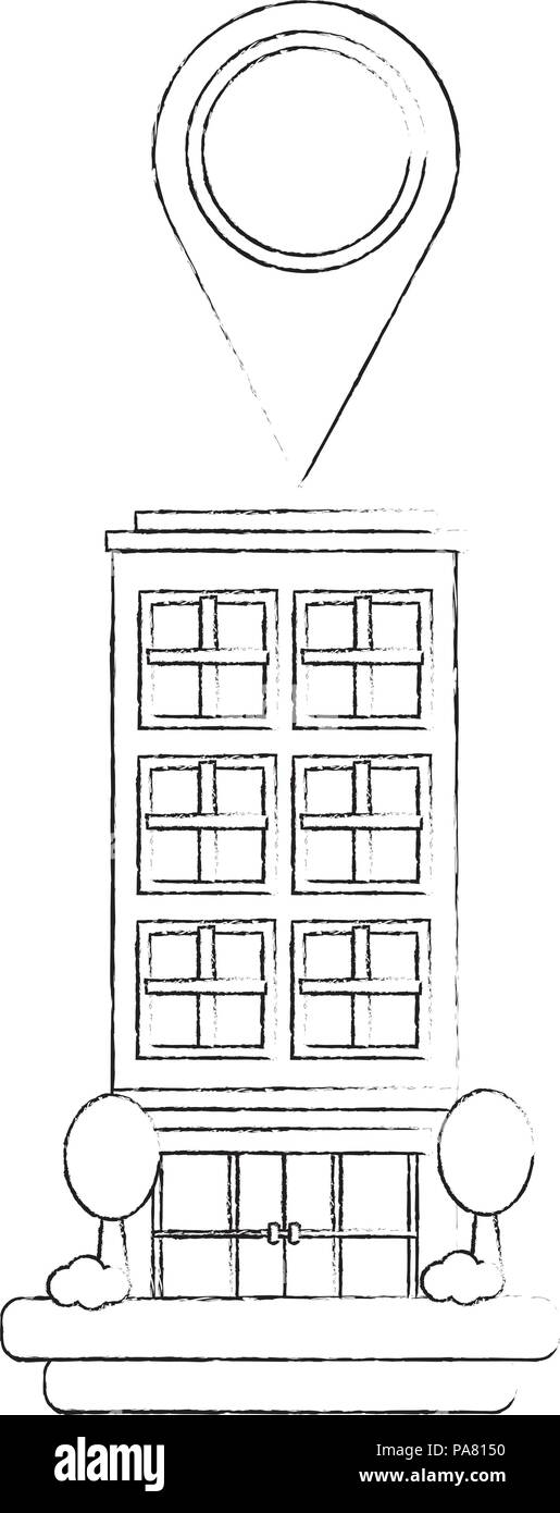 building structure with pin location and trees plants vector ...