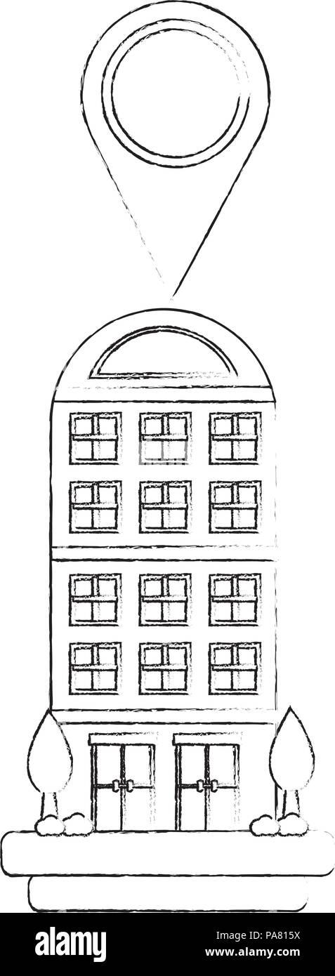 building structure with pin location and trees plants vector ...