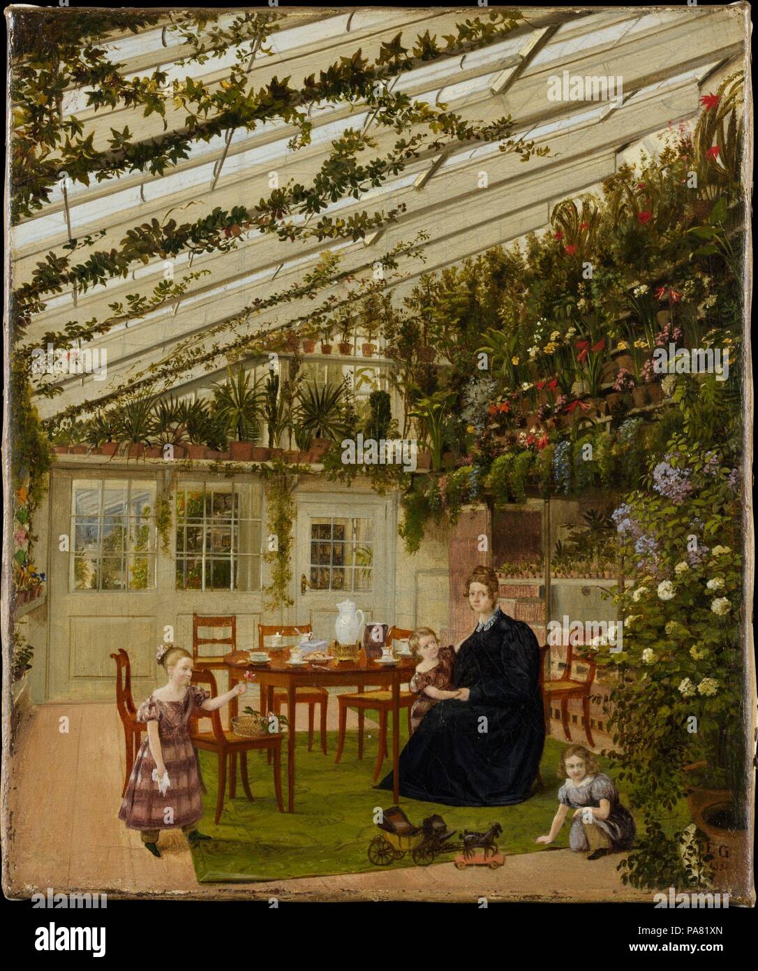 The Family of Mr. Westfal in the Conservatory. Artist: Eduard Gaertner (German, Berlin 1801-1877 Zechlin). Dimensions: 9 3/8 x 7 7/8 in. (23.8 x 20 cm). Date: 1836.    This light-filled conservatory belonged to the prosperous Berlin wool merchant Christian Carl Westphal, a passionate horticulturist. The stark glass structure here serves as a Biedermeier day-room for his family. Gaertner was the preeminent painter of Berlin's grand new boulevards, but this is one of only four interior scenes he is known to have painted; it may have been owned by Westfal, who was his landlord. Museum: Metropolit Stock Photo