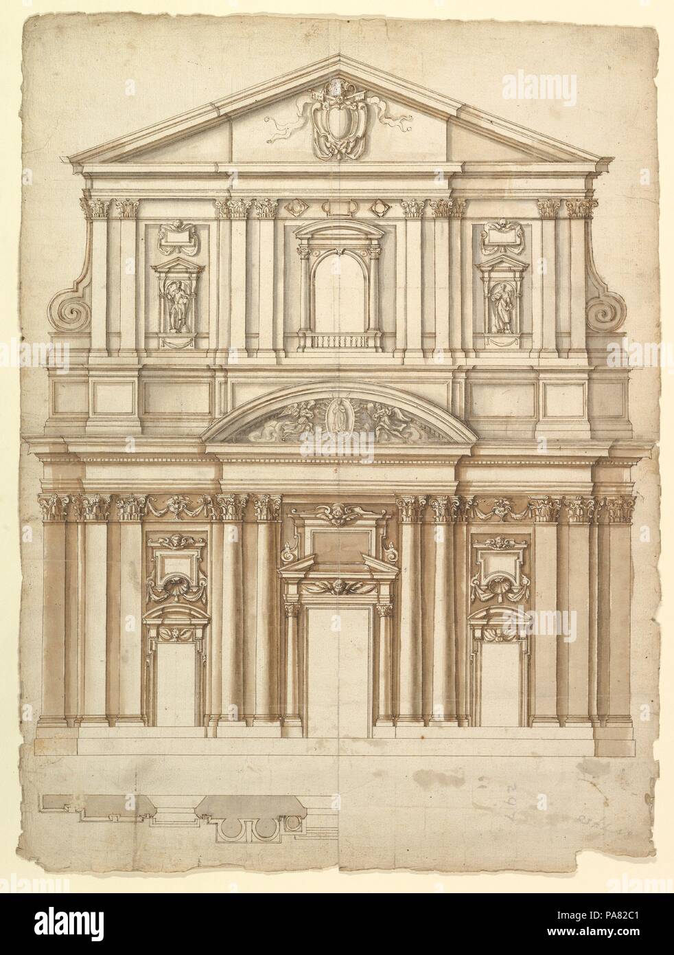 Santa Maria in Vallicella, elevation; plan (recto) blank (verso). Dimensions: sheet: 23 1/8 x 17 1/8 in. (58.7 x 43.5 cm). Draftsman: Drawn by Anonymous, French, 16th century. Date: late 16th century. Museum: Metropolitan Museum of Art, New York, USA. Stock Photo