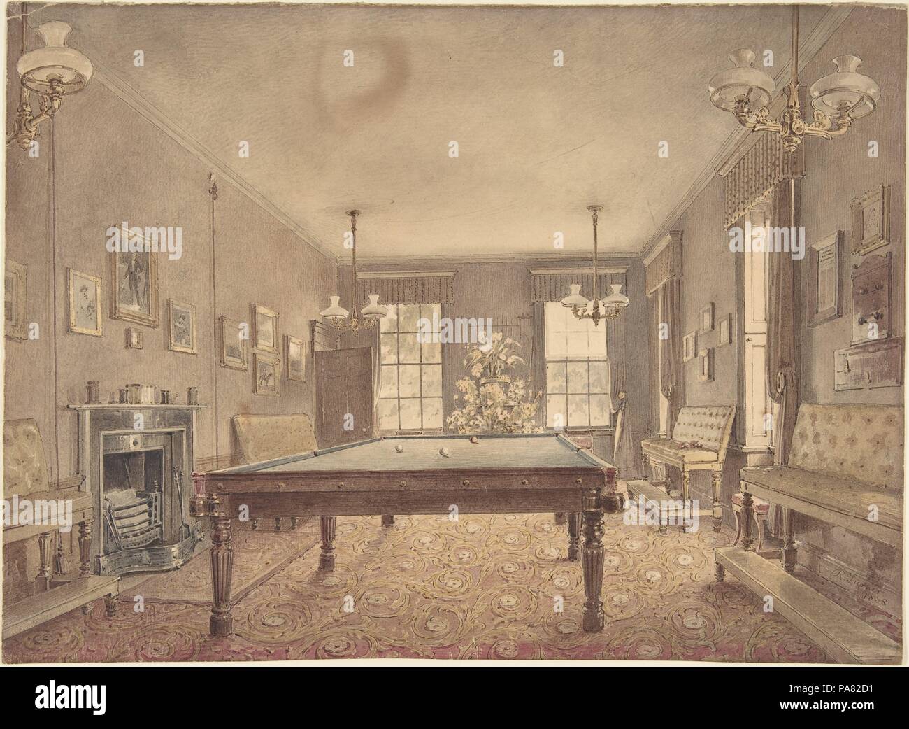 Interior of the billiard room at Lupton House, Devonshire, designed by George Wrightwick for Sir J.B.Y. Buller. Artist: Reid Turner (British, 1838-1896). Dimensions: sheet: 10 x 13 3/4 in. (25.4 x 34.9 cm). Date: 1838. Museum: Metropolitan Museum of Art, New York, USA. Stock Photo