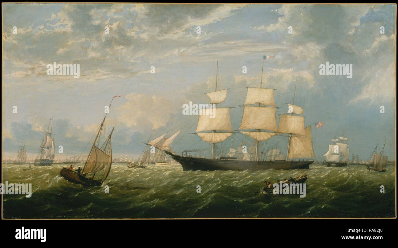 The Golden State Entering New York Harbor. Artist: Fitz Henry Lane (formerly Fitz Hugh Lane) (1804-1865). Dimensions: 26 x 48 in. (66 x 122 cm). Date: 1854.  Influenced by the English-born, Boston-based painter Robert Salmon, Lane, early in his career, painted the ports and shipping vessels of Boston; of his native Gloucester, Massachusetts; and, for a time in the early 1850s, of New York City. The clipper ship Golden State was built in New York in 1852 and, as its name suggests, plied the seas around Cape Horn to California when overland travel across the North American continent was still un Stock Photo
