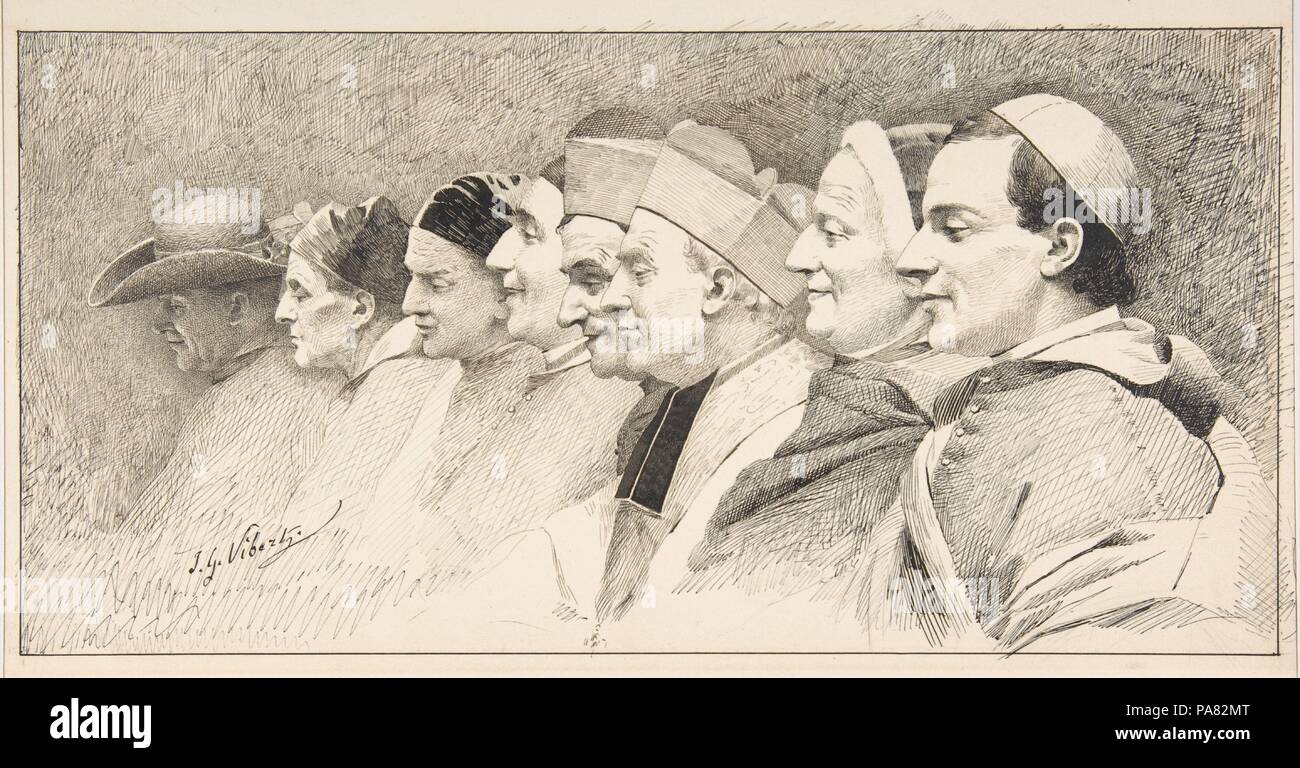 Eight Heads of Ecclesiastics. Artist: Jean-Georges Vibert (French, Paris 1840-1902 Paris). Dimensions: 10 1/2 x 14 1/2 in.  (26.7 x 36.8 cm). Date: n.d.. Museum: Metropolitan Museum of Art, New York, USA. Stock Photo