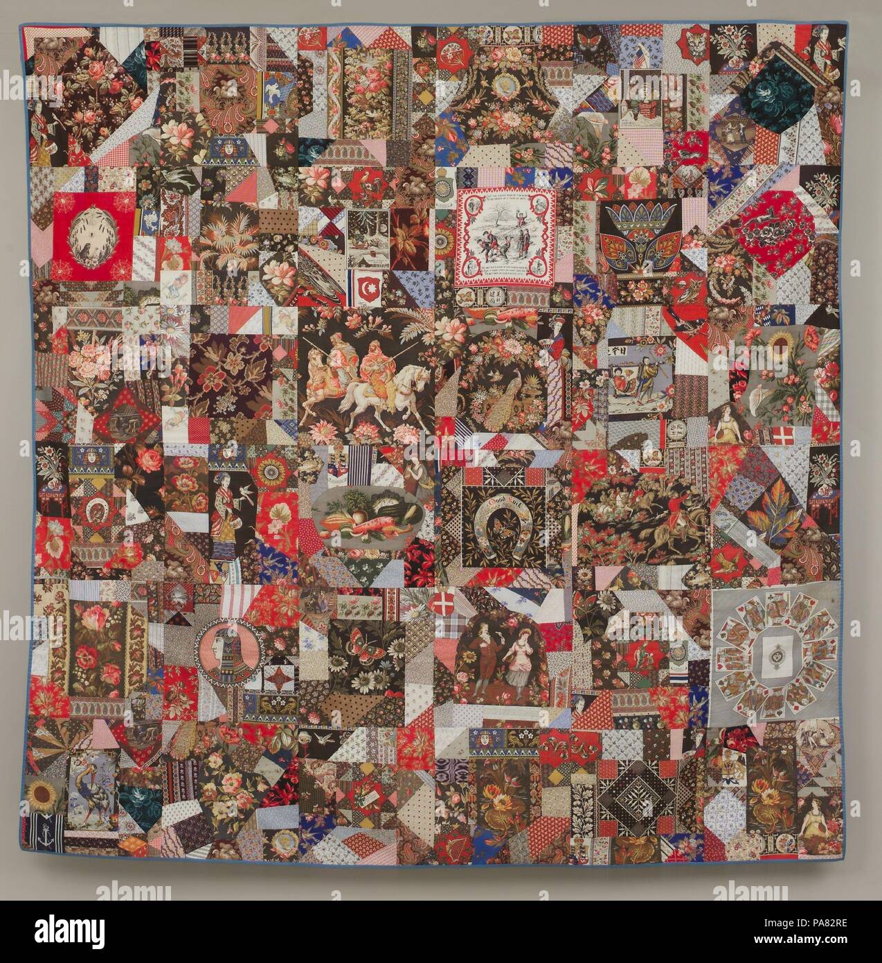 Crazy Quilt. Culture: American. Dimensions: 80 1/4 x 80 in. (203.8 x 203.2 cm). Date: ca. 1880-85.  Crazy quilts, a fad in the last decades of the nineteenth century, were most commonly pieced from irregularly shaped bits of velvet and silk. This exuberant quilt is far more unusual, since its unknown maker chose to craft it from brightly patterned cottons. The cottons create an album of fashionable, though inexpensive, fabrics of the 1880s, including Egyptian Revival and Japanesque designs, children's handkerchiefs, and pieces of 'cheater' cloth--fabric that was printed to imitate patchwork. O Stock Photo