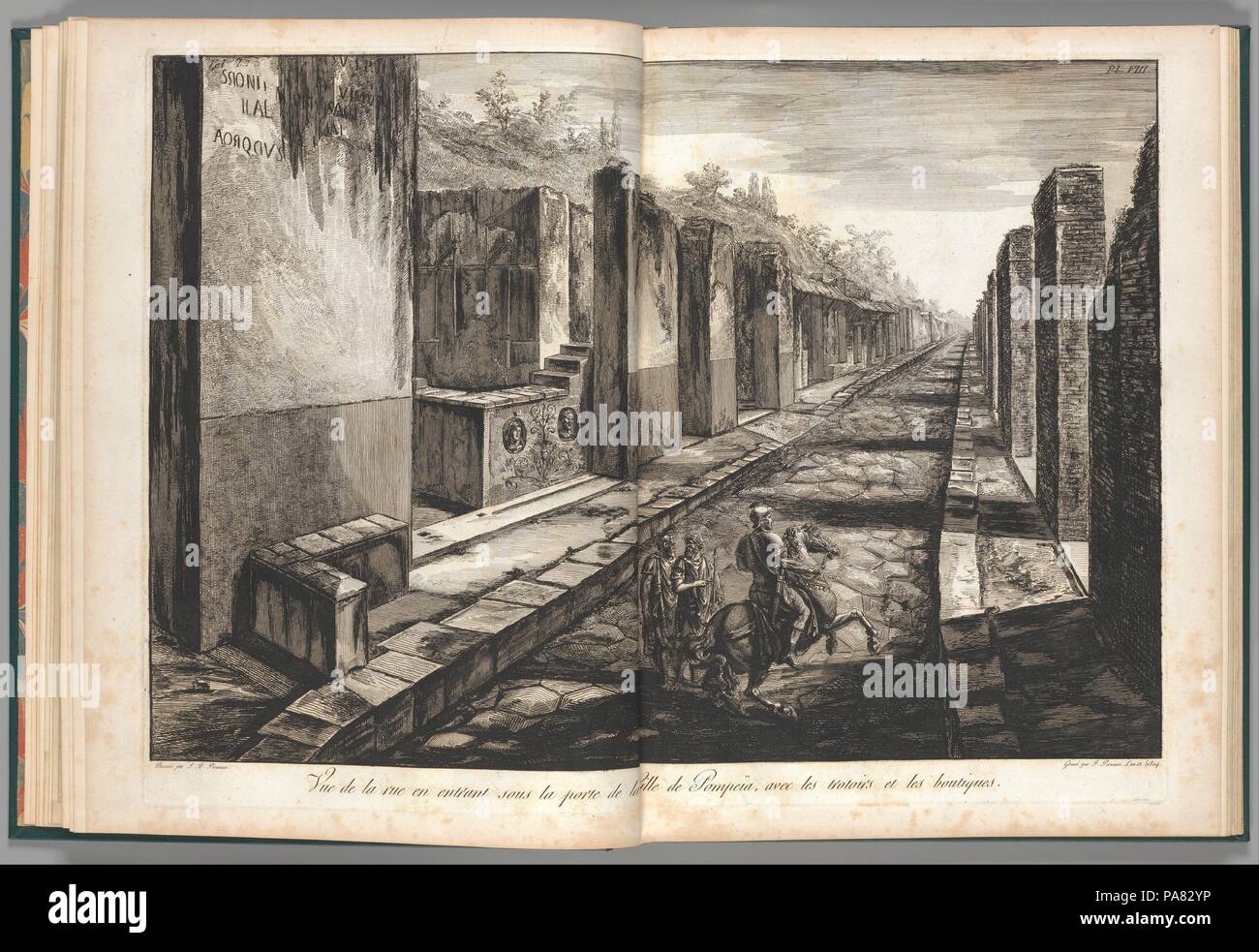View from the street entering beneath the gateway to the city of Pompeii, with the foot paths and the shops, from Antiquités de Pompeïa, tome premier, Antiquités de la Grande Grèce... (Antiquities of Pompeii, volume one, Antiquities of Great Greece...), volume 1, plate 8. Artist: Francesco Piranesi (Italian, Rome 1758-1810 Paris); After Giovanni Battista Piranesi (Italian, Mogliano Veneto 1720-1778 Rome). Dimensions: Sheet: 21 7/8 x 31 9/16 in. (55.5 x 80.2 cm)  Plate: 20 1/16 x 28 3/8 in. (51 x 72 cm). Series/Portfolio: Antiquités de Pompeïa, tome premier, Antiquités de la Grande Grèce, aujou Stock Photo