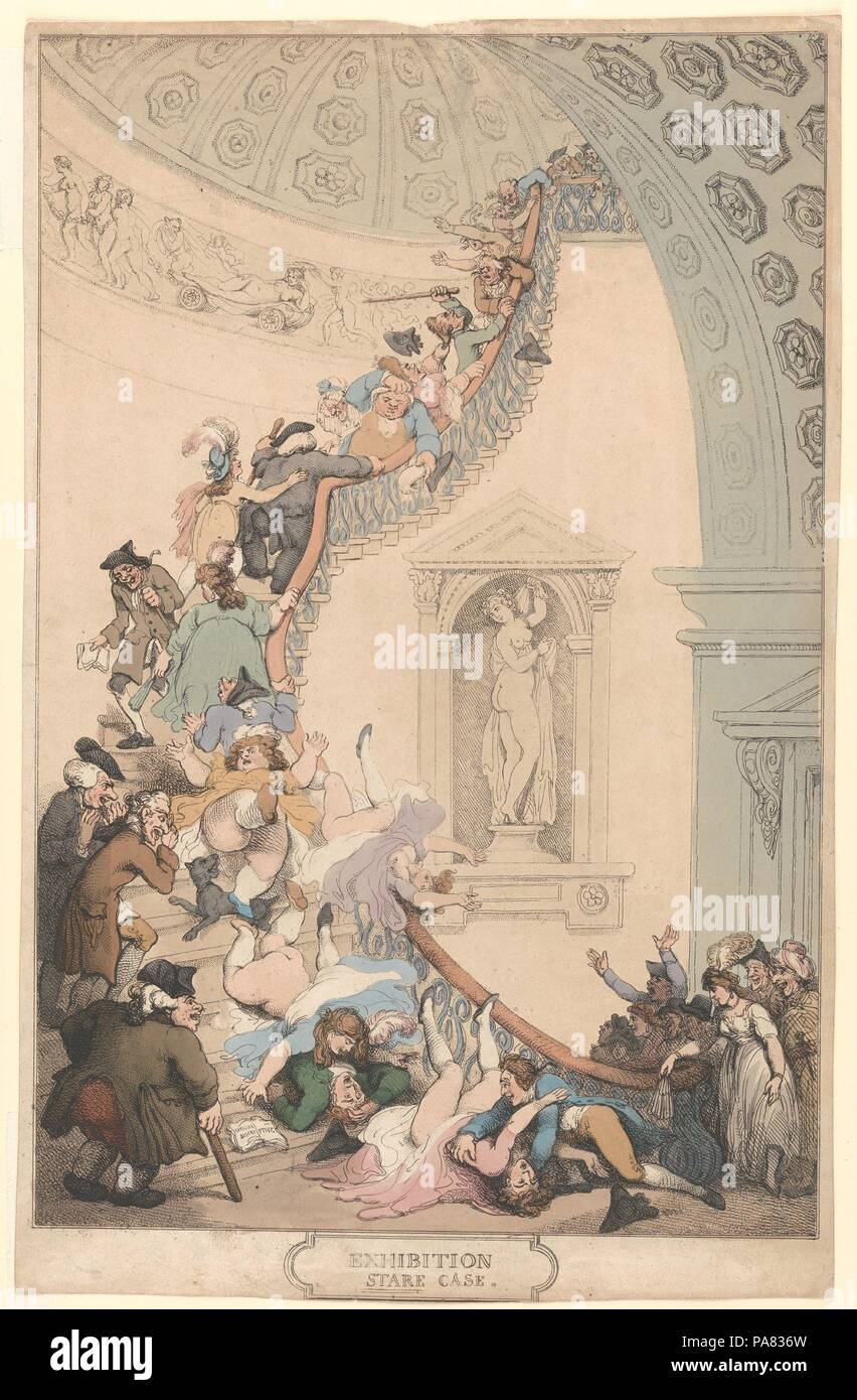 Exhibition 'Stare' Case. Artist: Thomas Rowlandson (British, London 1757-1827 London). Dimensions: sheet: 18 3/4 x 13 1/16 in. (47.6 x 33.2 cm). Date: 1811 (?).  One of Rowlandson's most ebullient designs, this etching simultaneously mocks the exhibition-going public and the London art establishment. Visitors eager to view the annual spring exhibition of the Royal Academy struggle to negotiate a steep spiral staircase at Somerset House on the Strand. Beginning in 1780, these displays were held in the Great Room of Sir William Chambers's grand Neoclassical building, but to reach the galleries,  Stock Photo