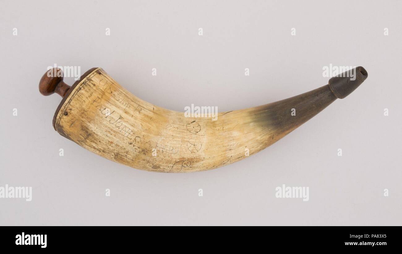 Powder Horn. Culture: Colonial American. Dimensions: L. 13 in. (33 cm); Diam. 3 1/2 in. (8.9 cm); Wt. 9.9 oz. (280.7 g). Date: 1776. Museum: Metropolitan Museum of Art, New York, USA. Stock Photo