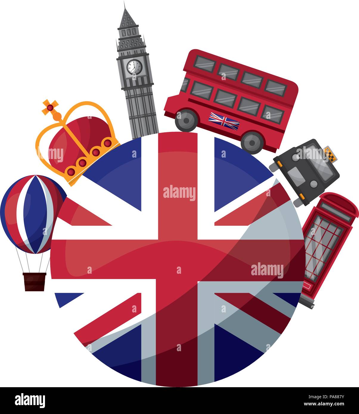 united kingdom flag big ben bus taxi crown and booth telephone vector illustration Stock Vector