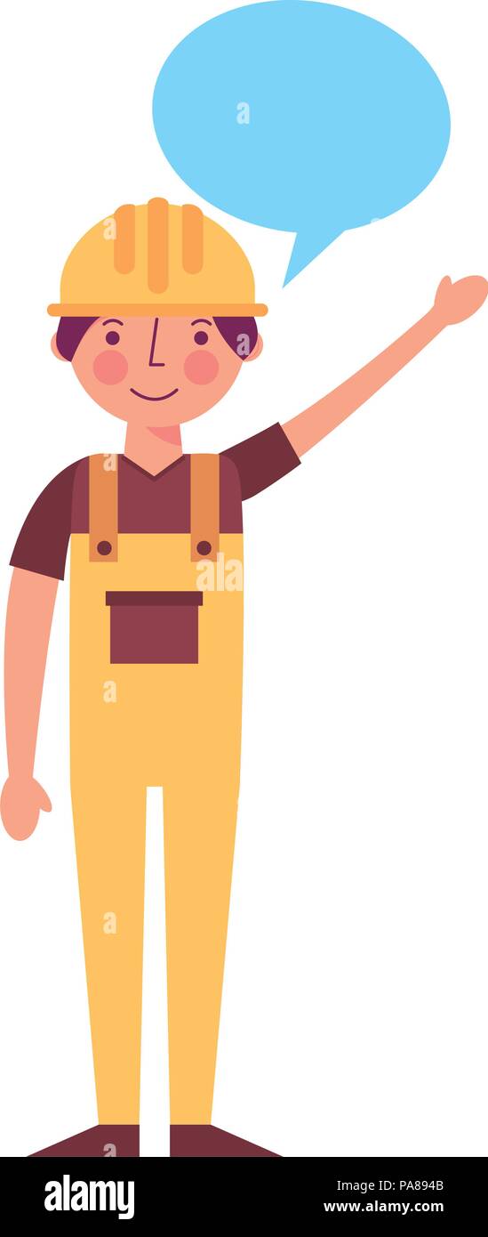 worker contruction in yellow overalls speech bubble vector illustration Stock Vector