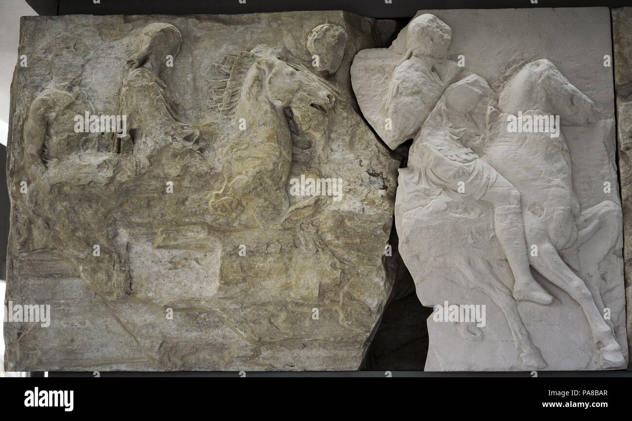 South frieze of Parthenon, Acropolis of Athens. Block S I, figures 1-4 (horsemen). The figures 1 - 2 are original. The figures 3 - 4 (right) are replica (original fragments are exposed in the British Museum in London). 5th century BC. Acropolis Museum. Athens. Greece. Stock Photo