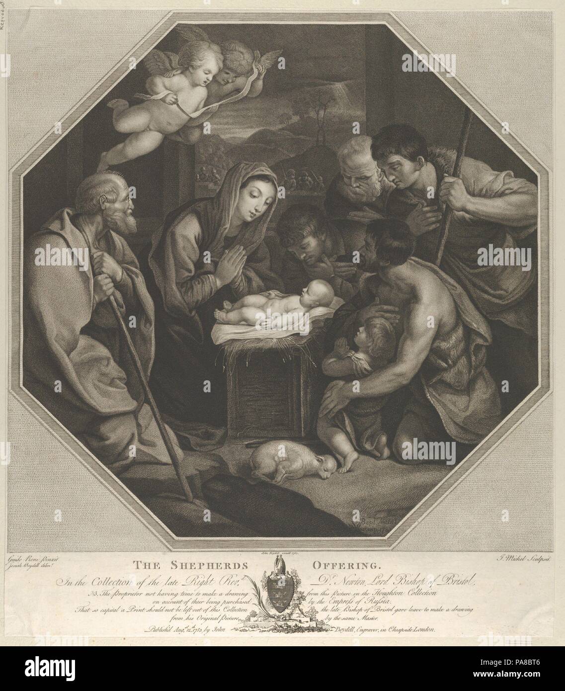 The infant Christ lying on a wooden box, the Virgin kneeling in prayer before him, Saint Joseph at left, shepherds at right, in an octagonal frame, after Reni. Artist: Engraved by Jean-Baptiste Michel (French, Paris 1748-1804 Paris); Intermediary draughtsman Josiah Boydell (British, Hawarden, Flintshire 1752-1817 Middlesex); After Guido Reni (Italian, Bologna 1575-1642 Bologna). Dimensions: Sheet (Trimmed): 17 1/16 × 14 15/16 in. (43.4 × 38 cm). Publisher: John Boydell (British, Shropshire 1720-1804 London). Date: 1783.  After a painting by Reni which at the time was in the church of San Domen Stock Photo