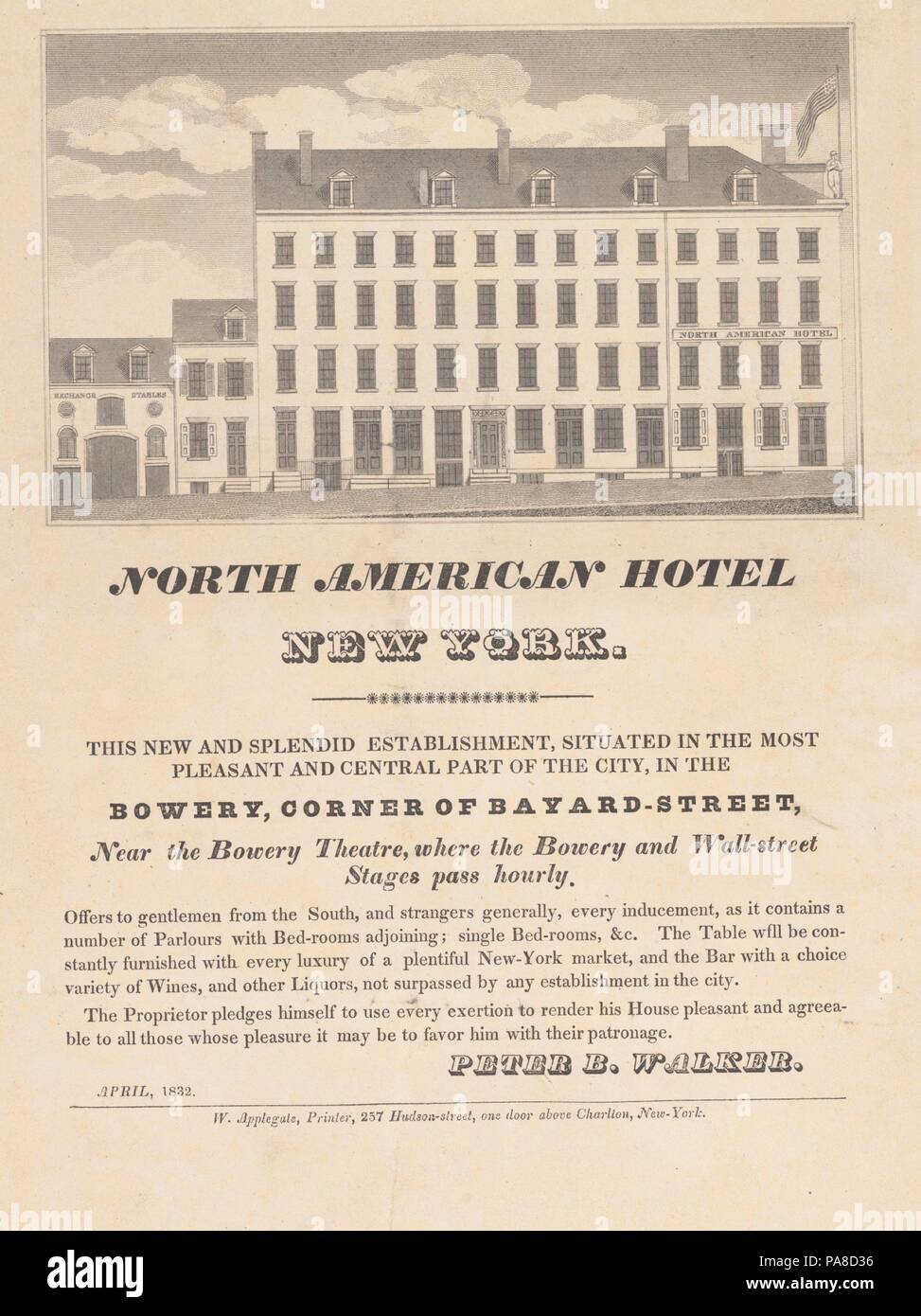 North American Hotel, New York. Author Issued by Peter B. Walker