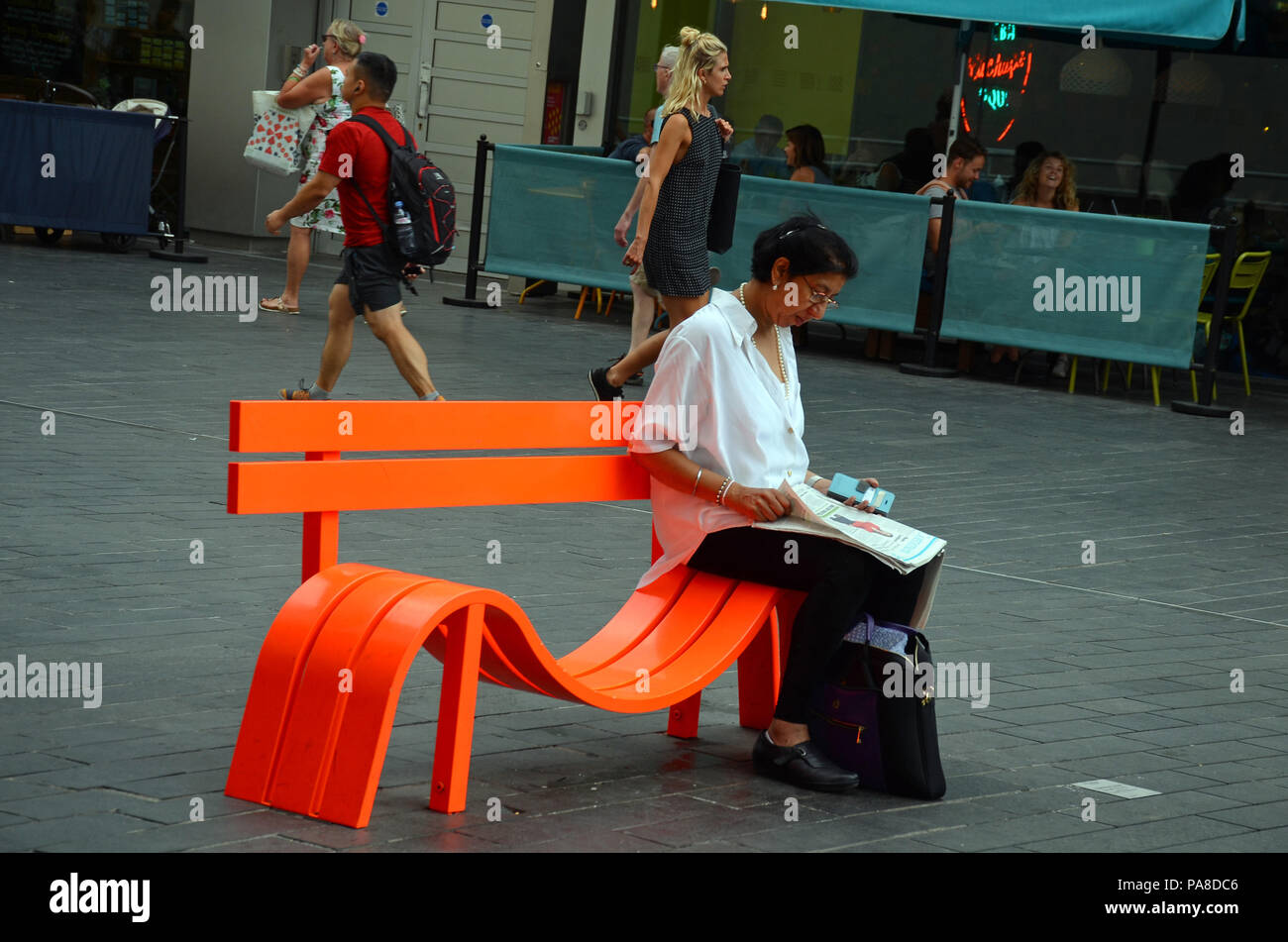 London, UK, 18 July 2018 Modified social benches, modern art by Danish artist Jeppe Hein outside the Royal Festival Hall on the South Bank of the Tham Stock Photo