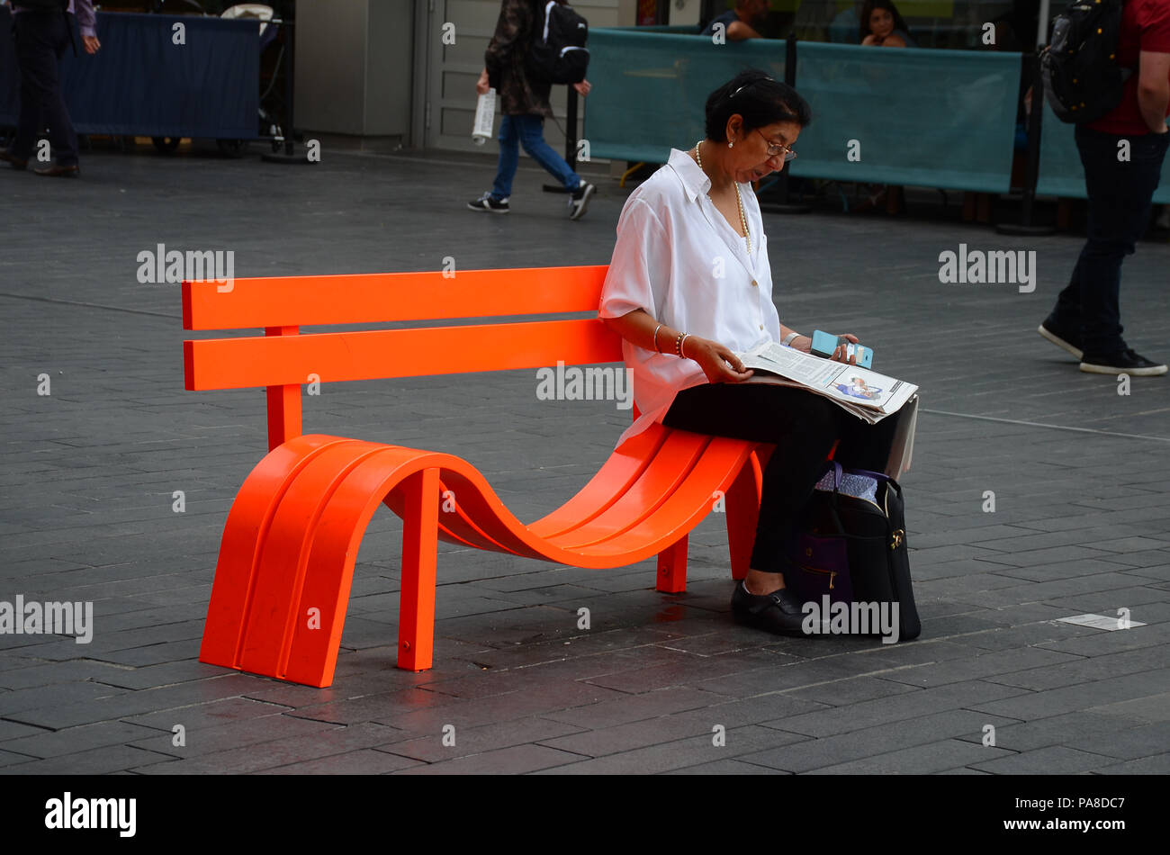 London, UK, 18 July 2018 Modified social benches, modern art by Danish artist Jeppe Hein outside the Royal Festival Hall on the South Bank of the Tham Stock Photo