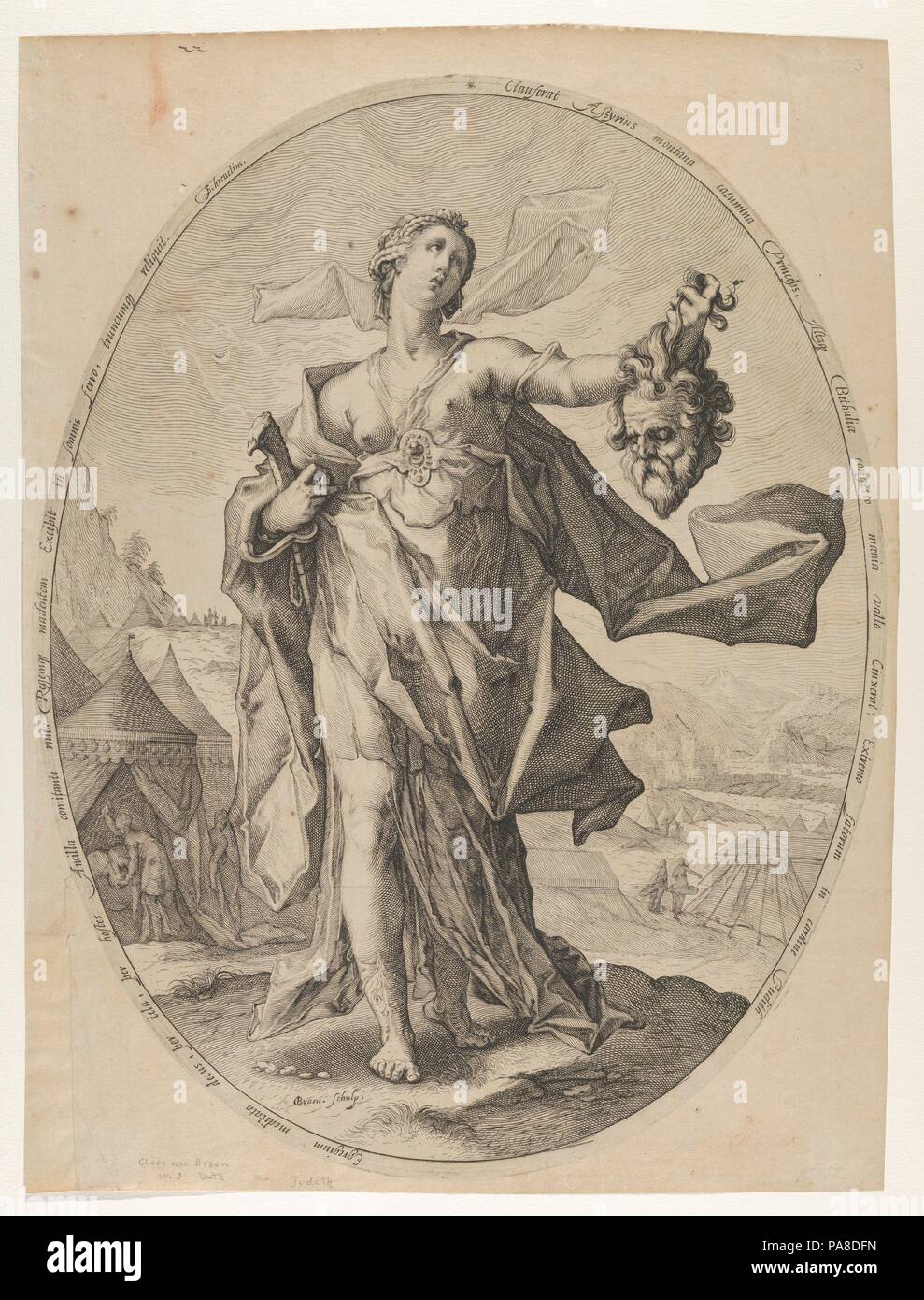 Judith from Heroes and Heroines of the Old Testament. Artist: After Hendrick Goltzius (Netherlandish, Mühlbracht 1558-1617 Haarlem); Nicolaes Braeu (Netherlandish, active Haarlem, ca. 1586-died 1600). Dimensions: Sheet: 17 5/16 x 13 in. (44 x 33 cm)  Plate (oval): 16 1/2 x 12 13/16 in. (41.9 x 32.5 cm). Date: ca. 1597. Museum: Metropolitan Museum of Art, New York, USA. Stock Photo