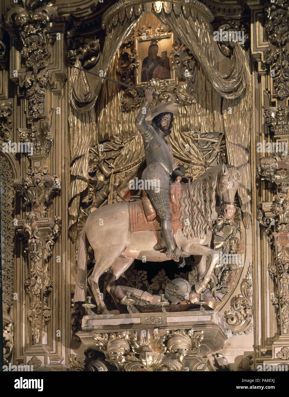 SANTIAGO ECUESTRE EN EL RETABLO DE SANTIAGO MATAMOROS - 1640 - ESCULTURA BARROCA ESPAÑOLA. Author: Alonso de Mena (1587-1646). Location: CATEDRAL-INTERIOR, GRANADA, SPAIN. Stock Photo