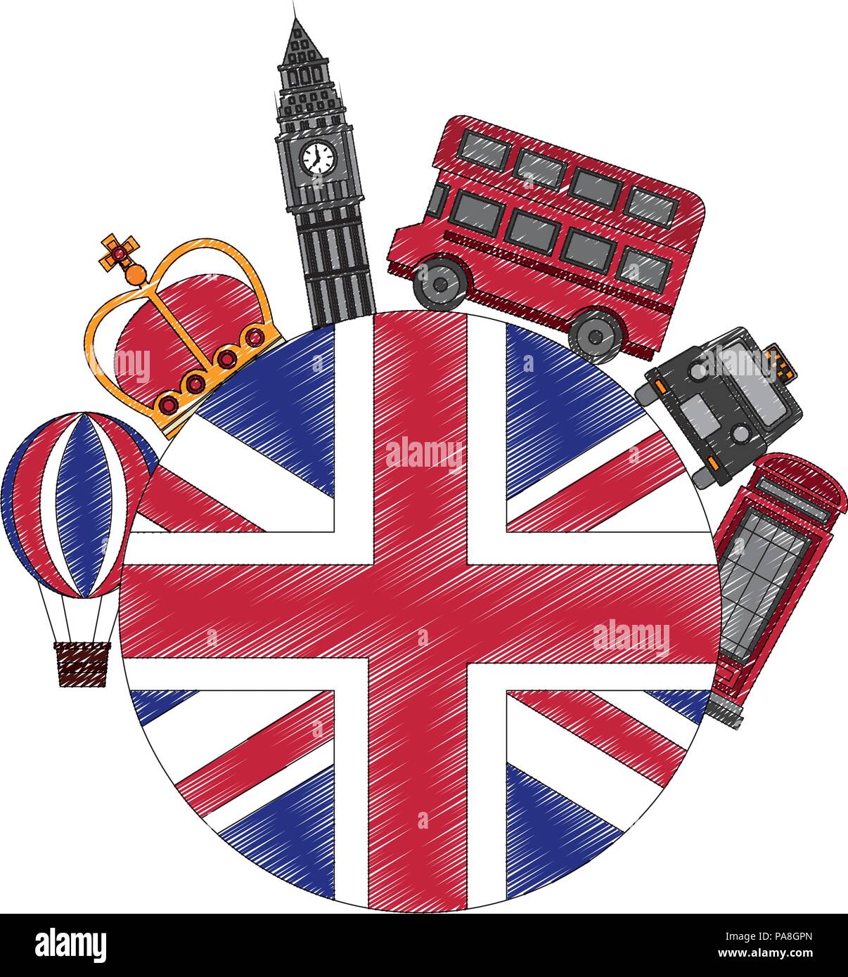 united kingdom flag big ben bus taxi crown and booth telephone Stock Vector
