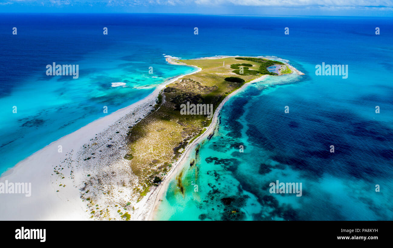 Aerial view Tropical beach of island Cayo de Agua, Los Roques, Venezuela Stock Photo