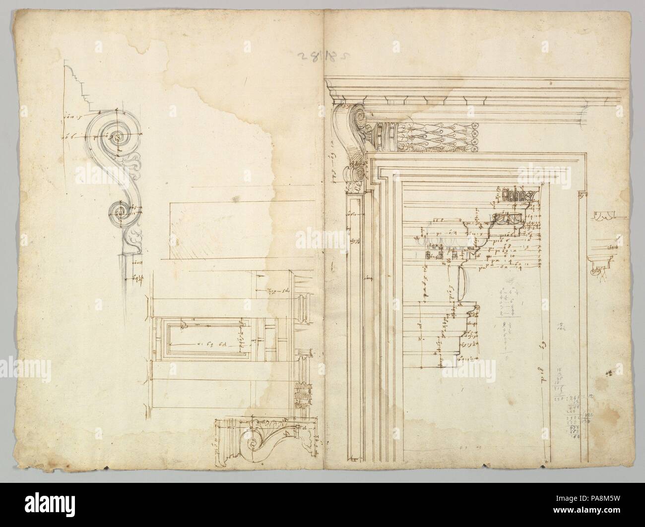 Palazzo Massimo alle Colonne, portico, elevation; portal, cornice, section; portal bracket, detail; fireplace, detail (recto) blank (verso). Dimensions: sheet: 23 1/8 x 17 1/4 in. (58.8 x 43.8 cm). Draftsman: Drawn by Anonymous, French, 16th century. Date: early to mid-16th century. Museum: Metropolitan Museum of Art, New York, USA. Stock Photo
