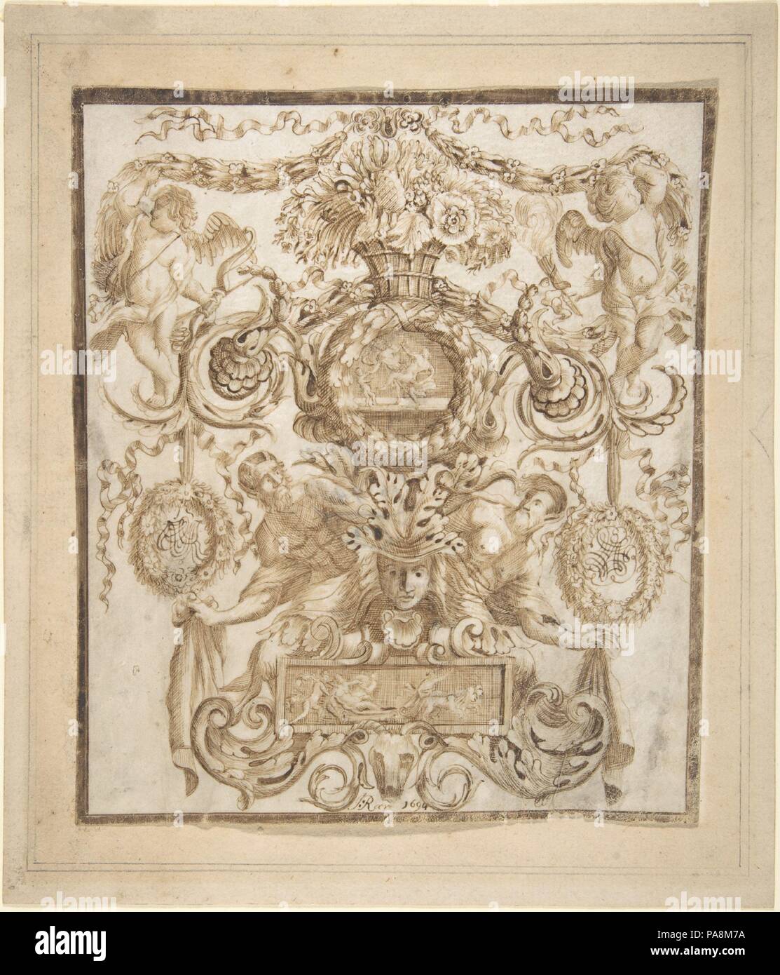 Ornamental Design. Artist: Jacob Roer. Dimensions: 7 1/16 x 6 in.  (17.9 x 15.2 cm). Date: ca. 1694. Museum: Metropolitan Museum of Art, New York, USA. Stock Photo