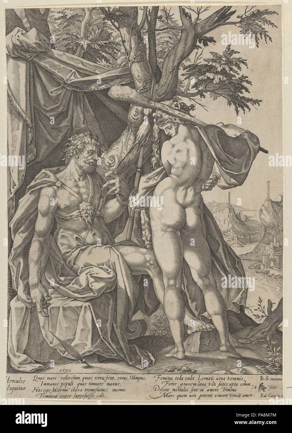 Hercules and Omphale. Artist: After Bartholomeus Spranger (Netherlandish, Antwerp 1546-1611 Prague); Anton Eisenhoit (German, Warburg 1553 or 1554-1603 Warburg). Dimensions: Sheet: 12 1/2 × 8 3/4 in. (31.7 × 22.2 cm). Publisher: Balthasar Caymox (German, Bersse (?) 1561-1635 Nuremberg). Date: 1590. Museum: Metropolitan Museum of Art, New York, USA. Stock Photo