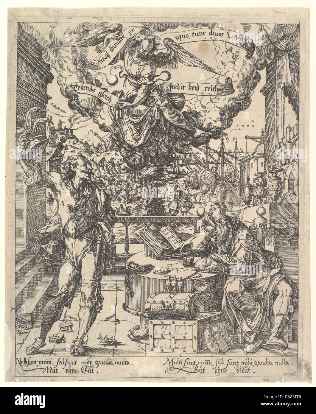 An Allegory of a Rich Man and a Poor Man (Der Lustige Arme und der Traurige Reiche). Artist: Christoph Murer (Swiss, Zurich 1558-1614 Winterthur). Dimensions: sheet: 10 3/16 x 8 3/8 in. (25.8 x 21.2 cm)  plate: 9 15/16 x 8 in. (25.2 x 20.3 cm)  image: 9 5/8 x 7 11/16 in. (24.5 x 19.6 cm). Date: 1596. Museum: Metropolitan Museum of Art, New York, USA. Stock Photo
