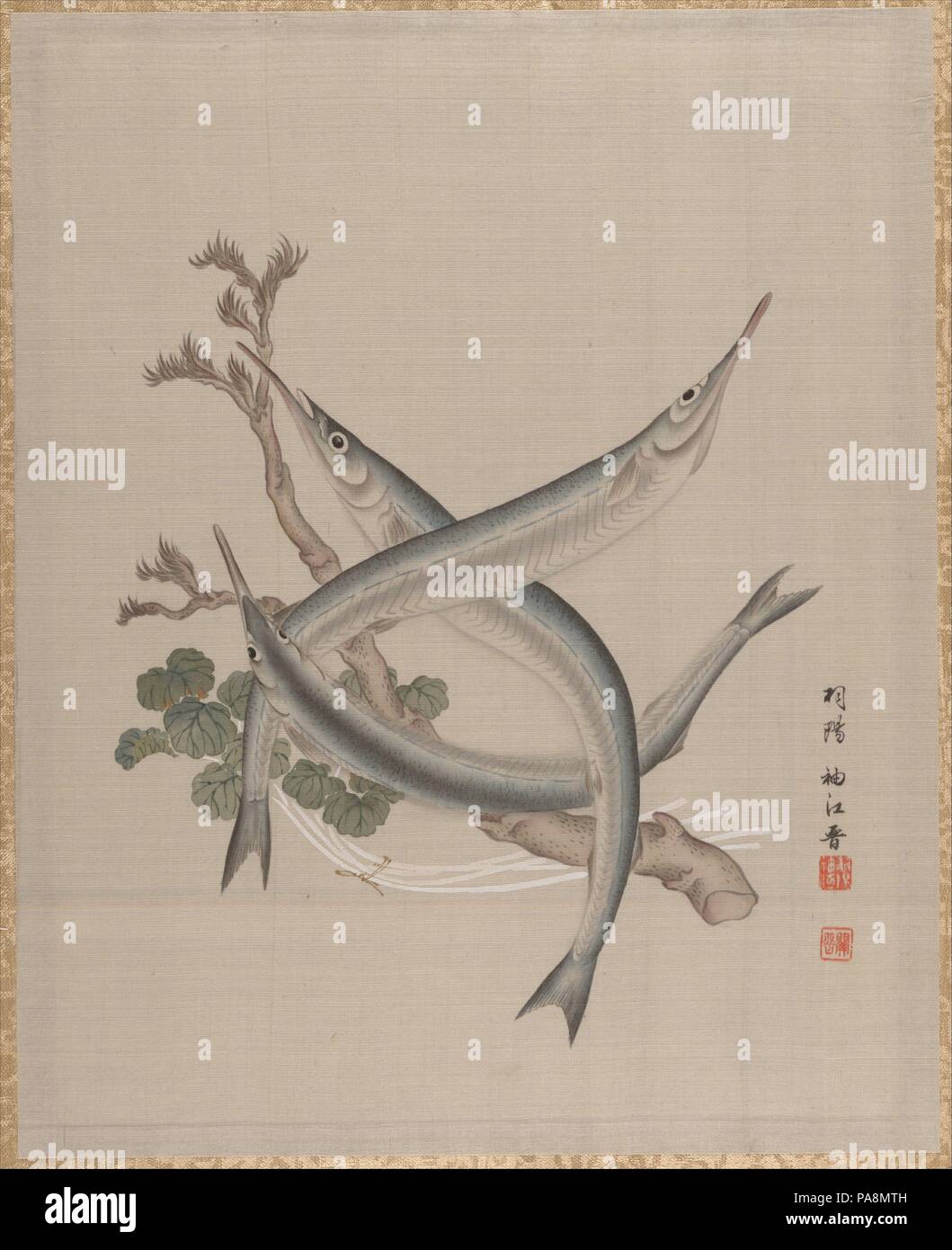 Three Fishes and a Branch. Artist: Seki Shuko (Japanese, 1858-1915). Culture: Japan. Dimensions: 13 1/2 x 10 7/8 in. (34.3 x 27.6 cm). Date: ca. 1890-92. Museum: Metropolitan Museum of Art, New York, USA. Stock Photo