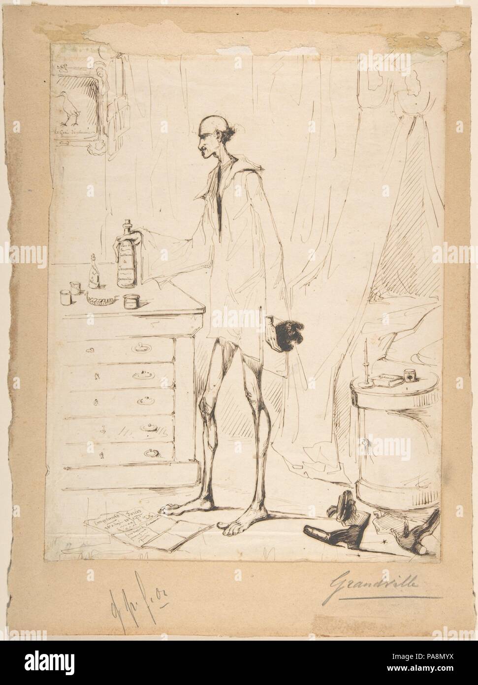 Man in a Nightshirt Reaching for a Bottle Labeled 'Fountain of Youth'. Artist: J. J. Grandville (French, Nancy 1803-1847 Vanves). Dimensions: sheet: 11 7/8 x 9 3/16 in. (30.2 x 23.4 cm)  mount: 14 1/2 x 10 11/16 in. (36.8 x 27.2 cm). Date: 1803-47. Museum: Metropolitan Museum of Art, New York, USA. Stock Photo