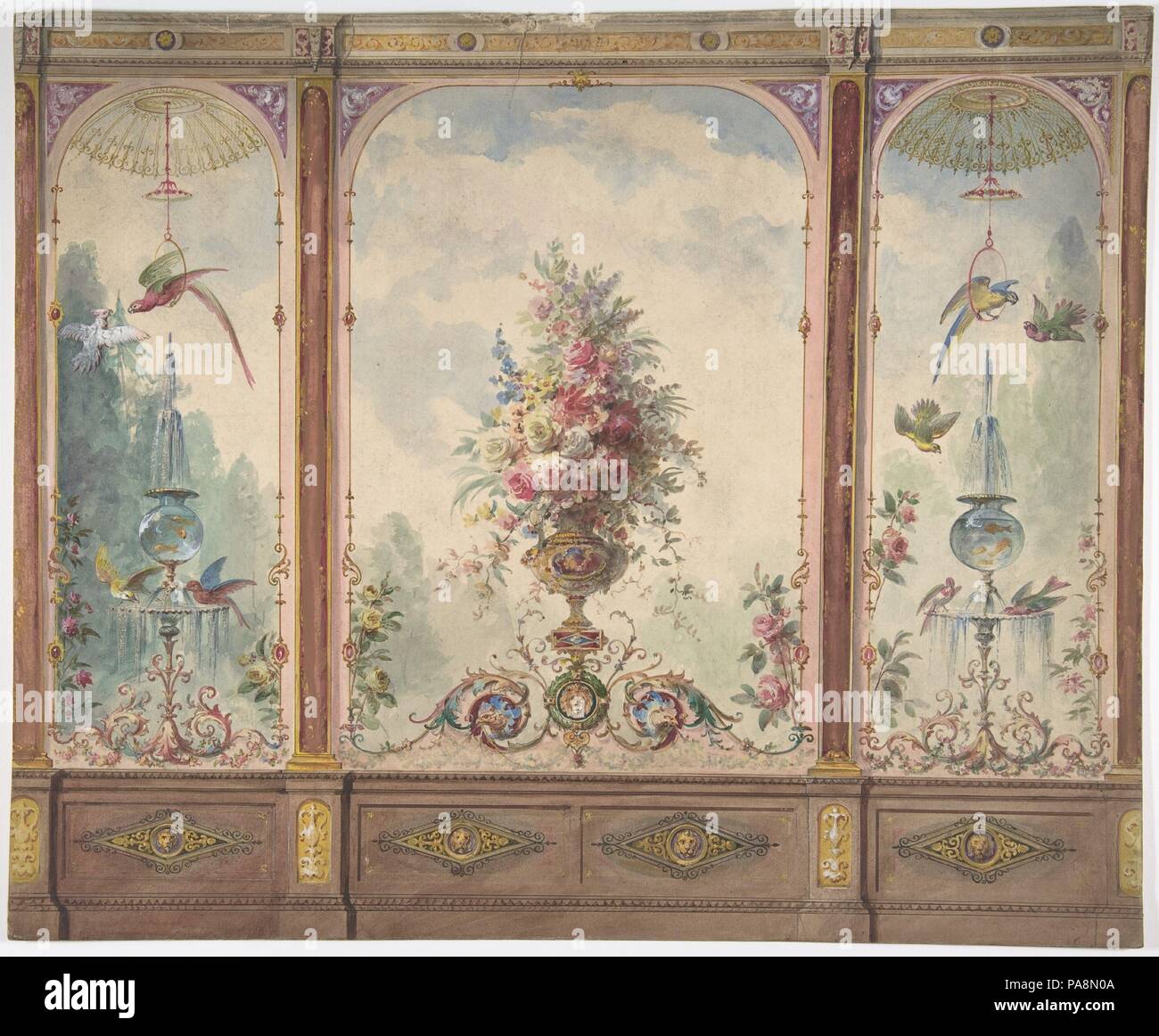 Design For A Wall With A Flower Vase Birds Two Gold Fish And